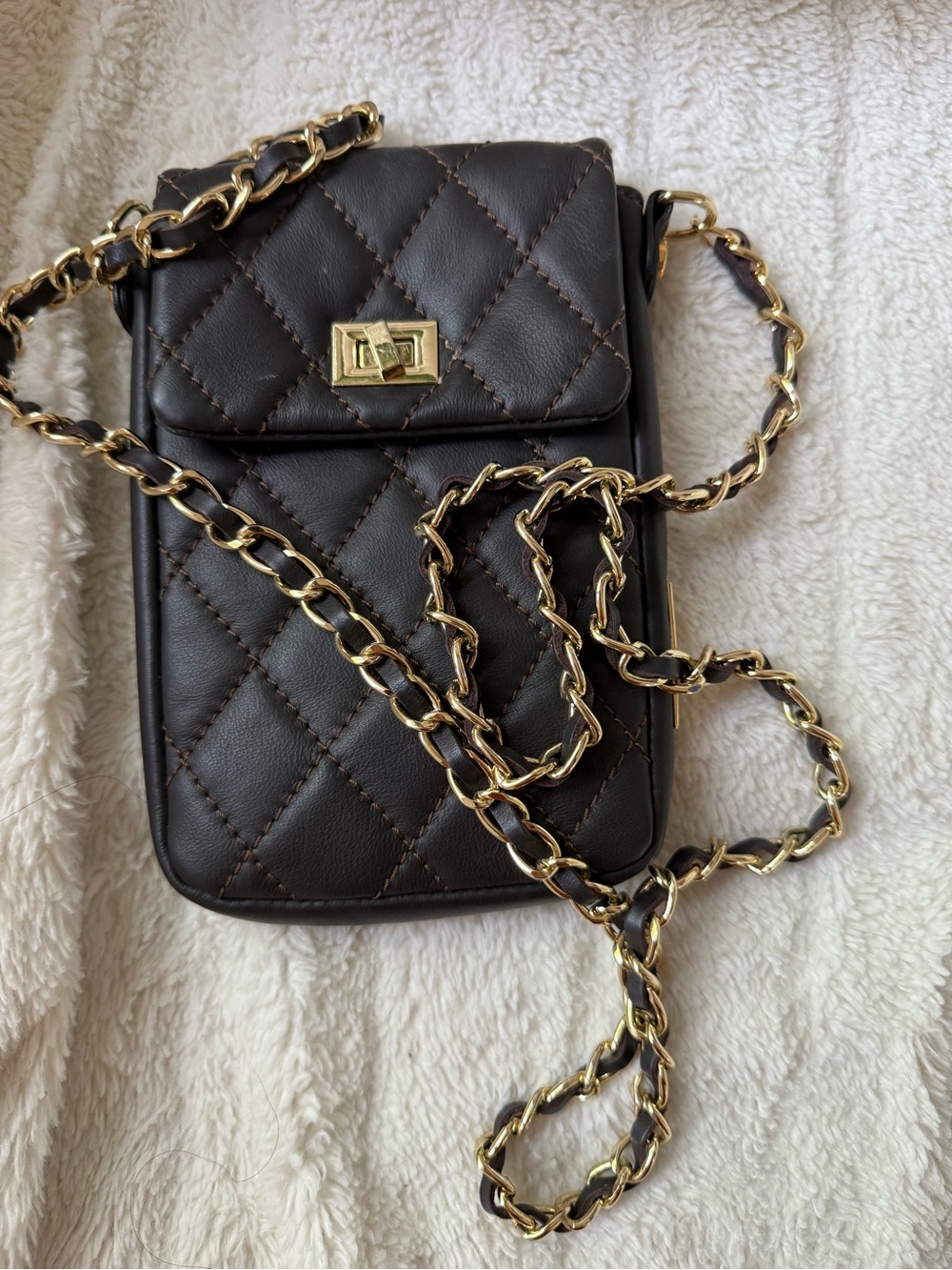Ron white Quilted Crossbody Phone Bag in Dark Brown with Gold Chain